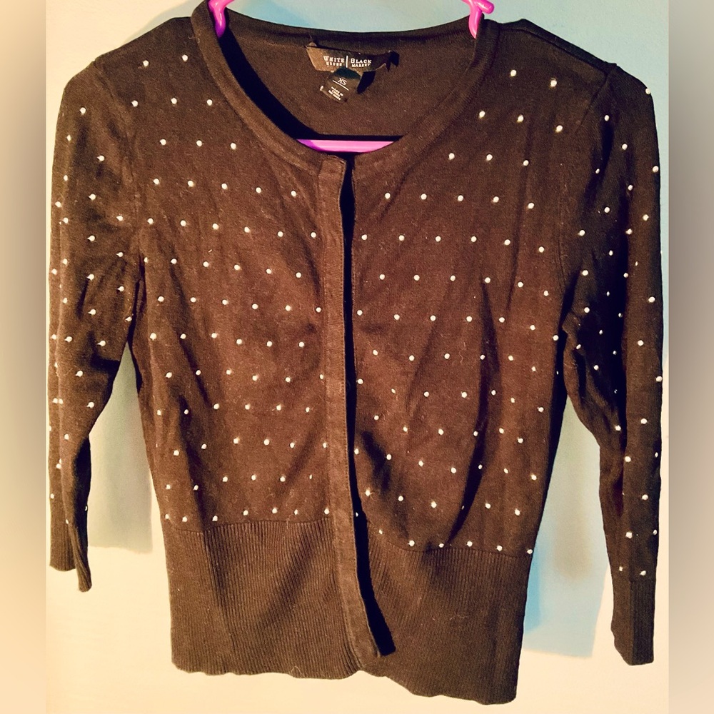 White House Black Market Women’s XS button sweater black w/white polka dots